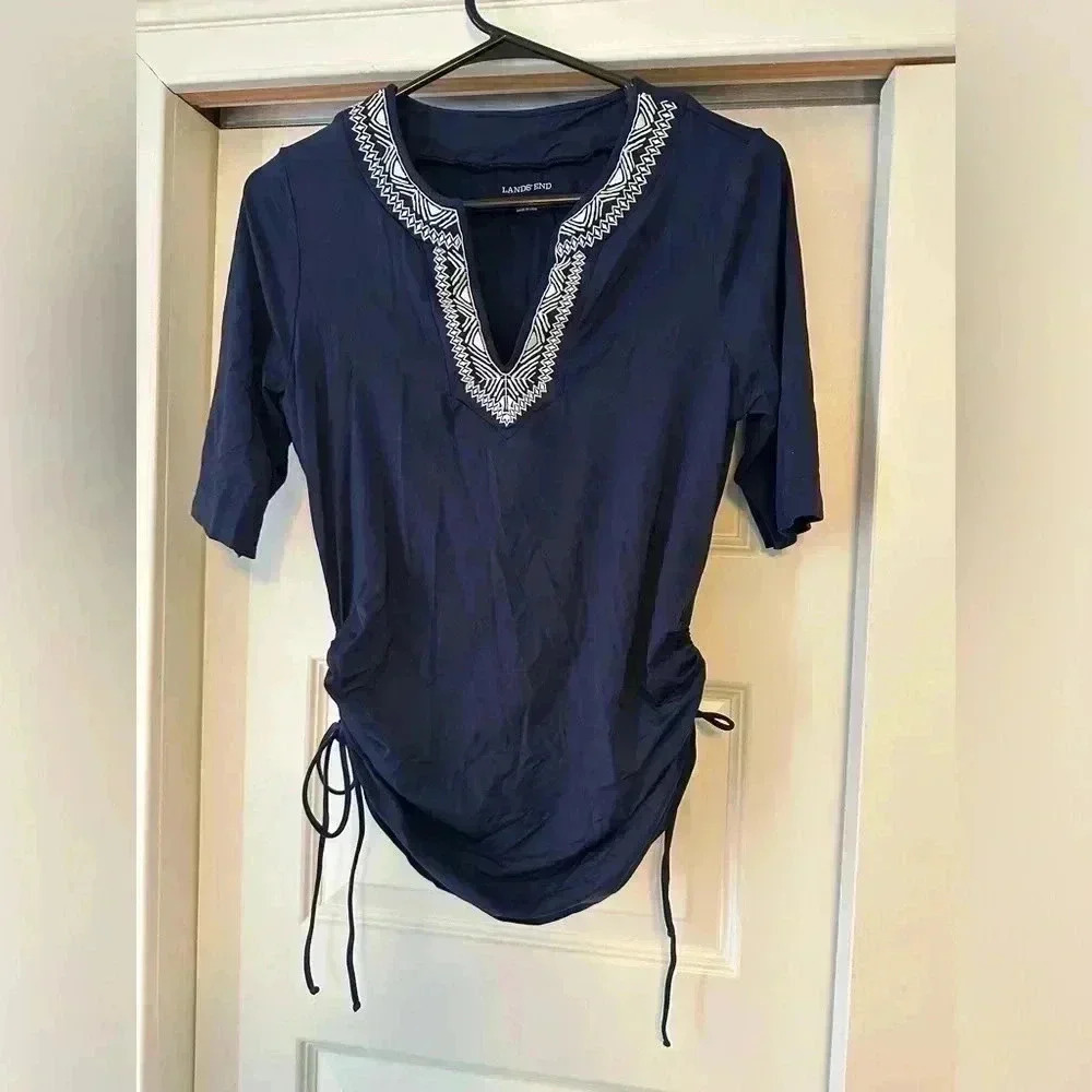 Lands End Women's Navy Blue Rashguard Swim Embroidered Top Adjustable Sz. S 6-8